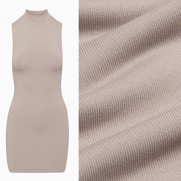 Aritzia Babaton Contour Mock Neck Sleeveless Mini Dress L Taupe Nude Stretchy - Picture 1 of 13